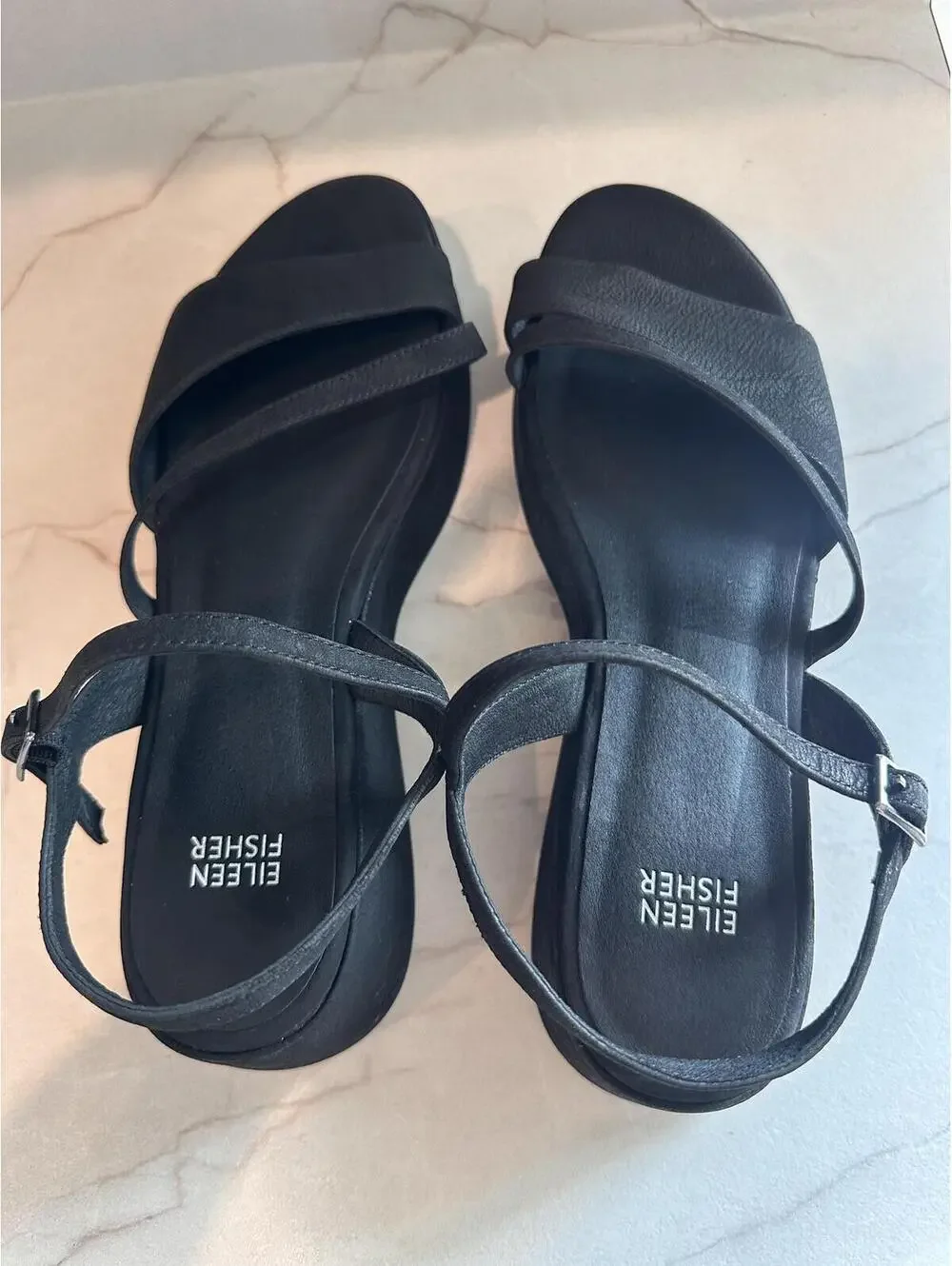 NEW Eileen Fisher Dae Leather Wedge Platform Strappy Sandals Black Women’s sz 10 - Picture 13 of 15